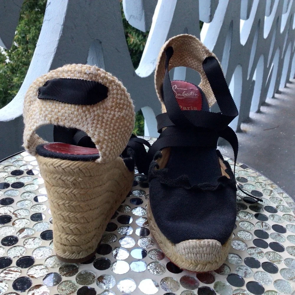 Christian Louboutin Black and Navy Espadrille Wedge Ankle Wrap Ribbon Sandals
